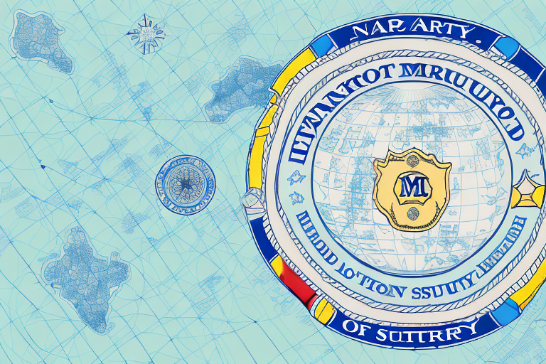 A map marked with a notary seal and a surety bond symbol