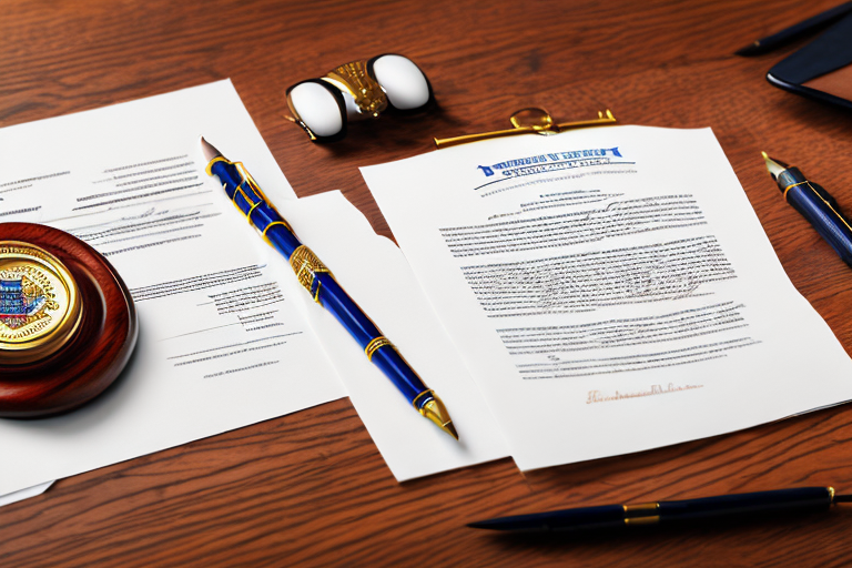 A traditional notary public seal and a set of legal documents on a wooden desk