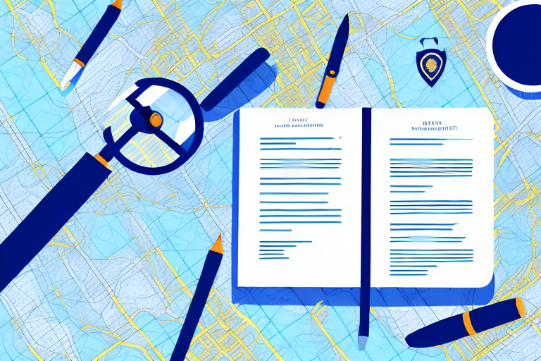 A notary journal surrounded by various legal documents and a magnifying glass