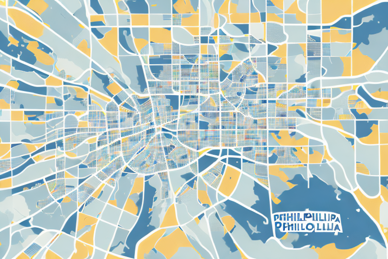 A map of philadelphia highlighting a few notary public locations with symbolic stamps or seals