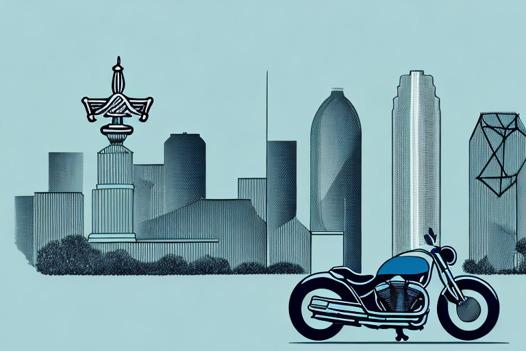 A motorcycle near a gavel (symbolizing law) with the houston skyline in the background