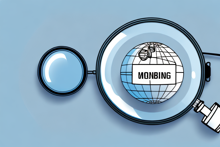 A globe with a magnifying glass highlighting a notary stamp and a pair of headphones
