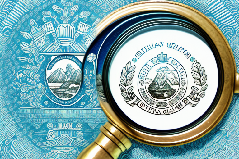 A traditional guatemalan landscape with a notary seal and a magnifying glass