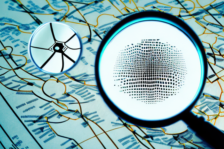 A magnifying glass hovering over a map with symbolic icons representing notary fingerprinting services