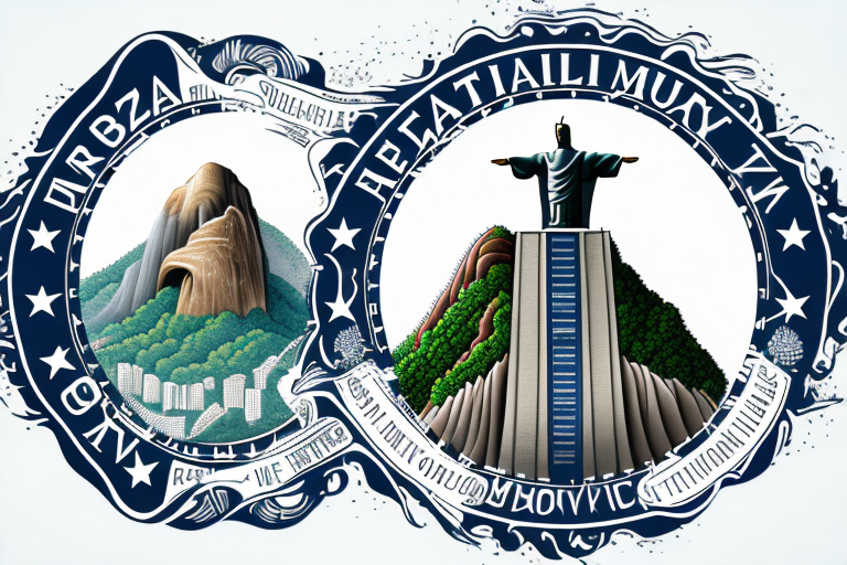 A notary public seal with a background featuring iconic brazilian landmarks like the christ the redeemer statue and sugarloaf mountain