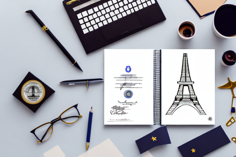 A notary's desk with french elements like the eiffel tower and a croissant