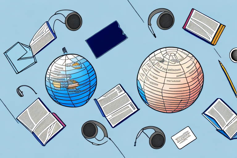 A globe surrounded by various translation tools like dictionaries
