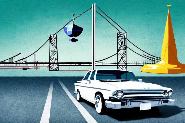 A broken car on the streets of oakland with the iconic oakland bay bridge in the background