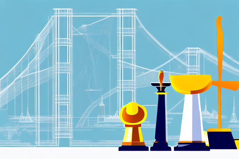 A construction hard hat next to a gavel and a scale of justice