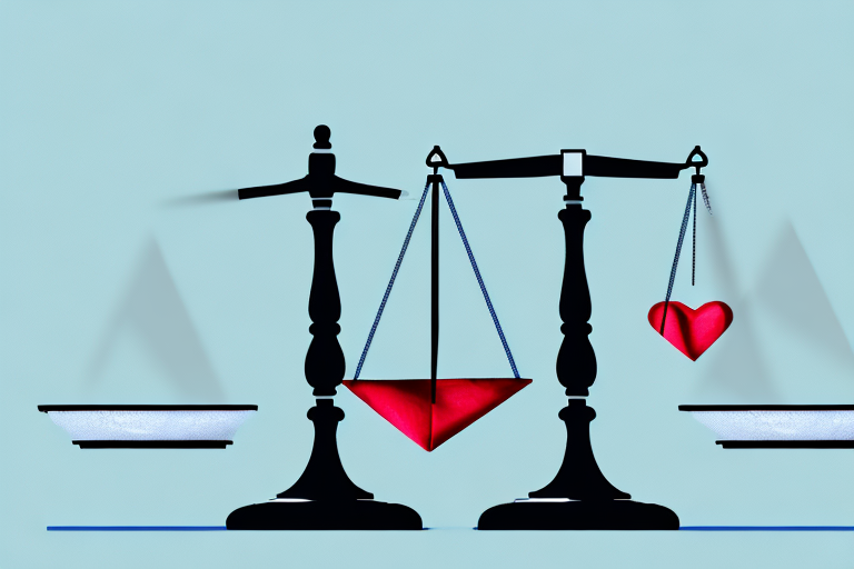 A balance scale with a bandaged heart on one side and the scales tipping in favor of a gavel on the other side