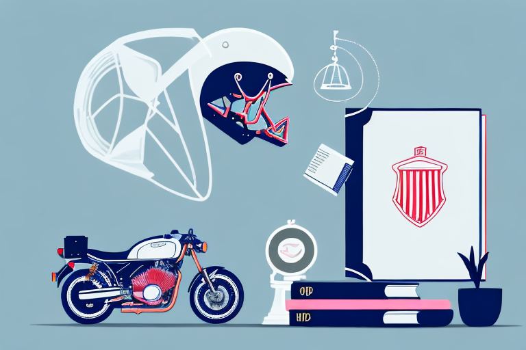A motorcycle leaning against a set of law books