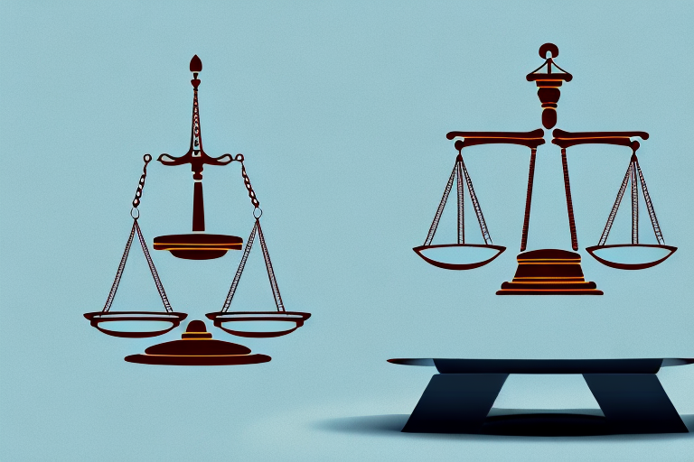 A symbolic balance scale with a truck on one side and a courthouse on the other