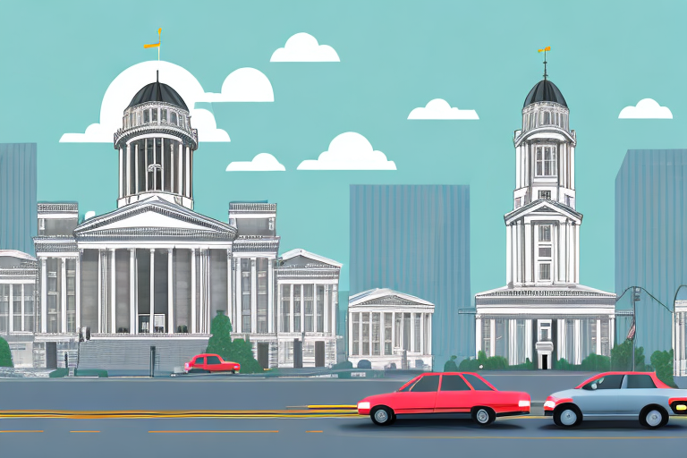 A birmingham cityscape with a prominent courthouse and vehicles on the road