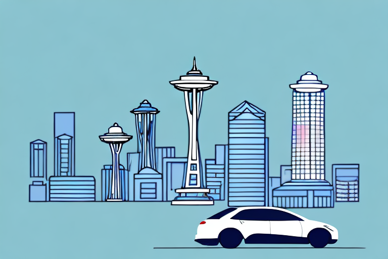 A symbolic balance scale with a car on one side and a courthouse on the other