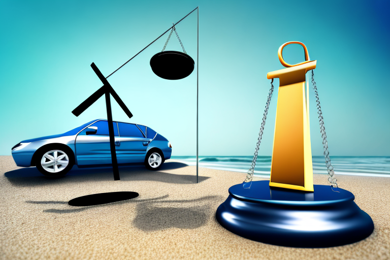 A car accident scene at a beach with a justice scale symbolizing compensation in the foreground