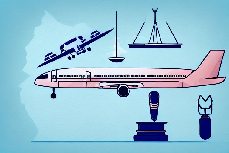 A broken airplane wing on a runway with a gavel and scales of justice in the foreground