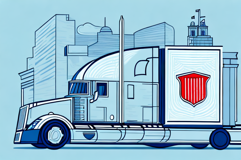 A semi-truck on a georgia highway with scales of justice in the background