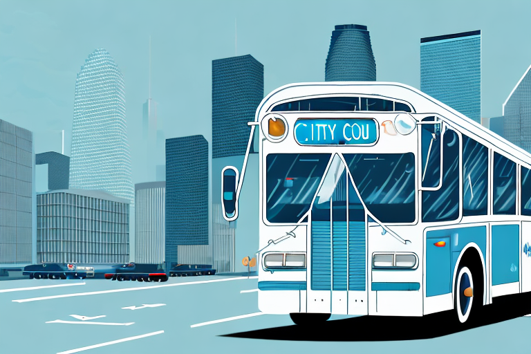 A city bus on a houston street with visible signs of an accident