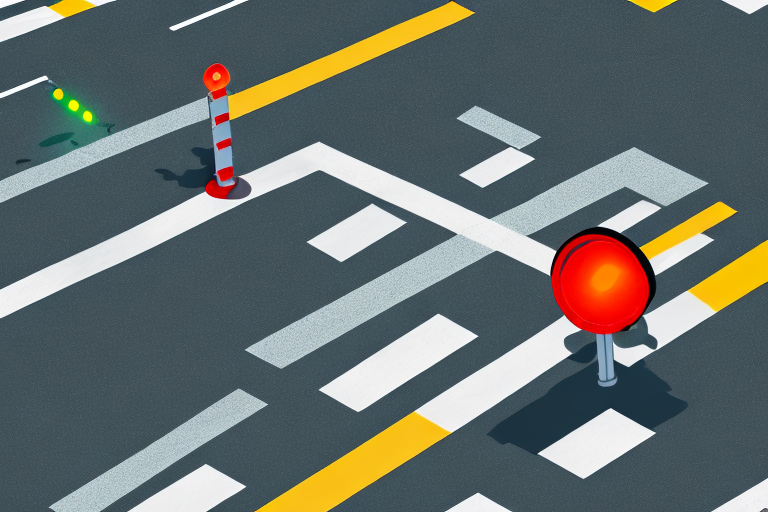 A crosswalk in houston with a broken traffic light and scattered pedestrian signs