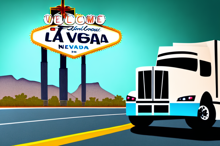 A truck on a las vegas road with a justice scale symbolically hovering above it
