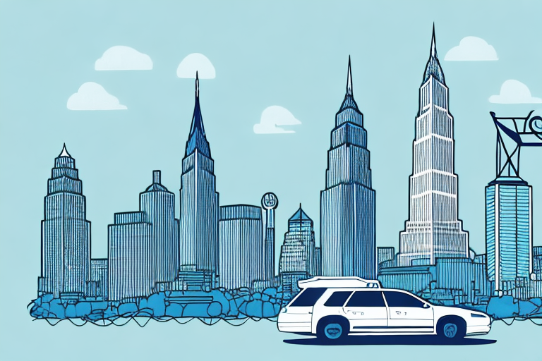 A pair of scales of justice on the backdrop of jersey city skyline