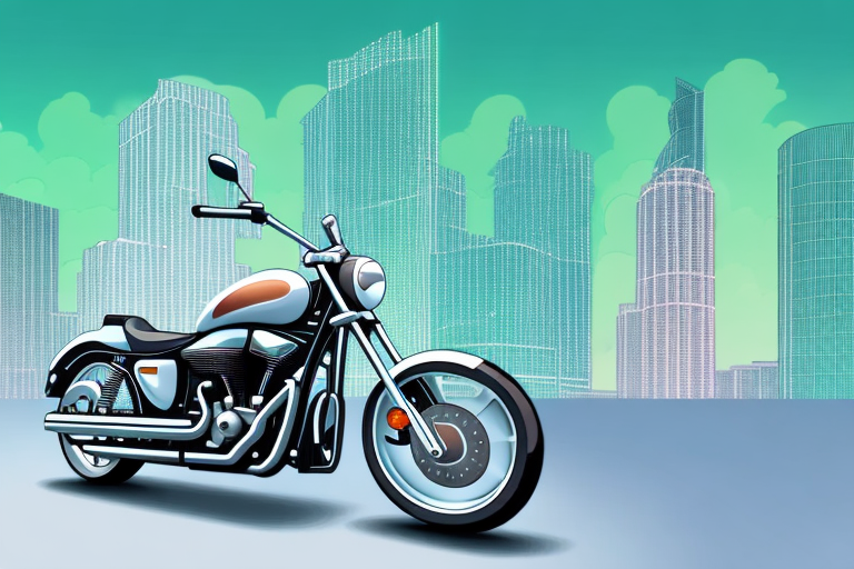 A motorcycle leaning against a miami skyline backdrop