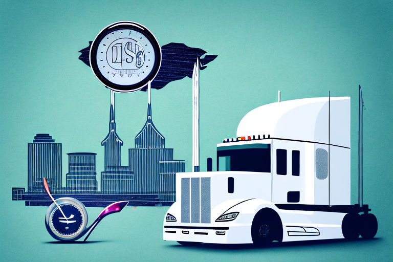 A semi-truck with visible damage on a nashville cityscape background