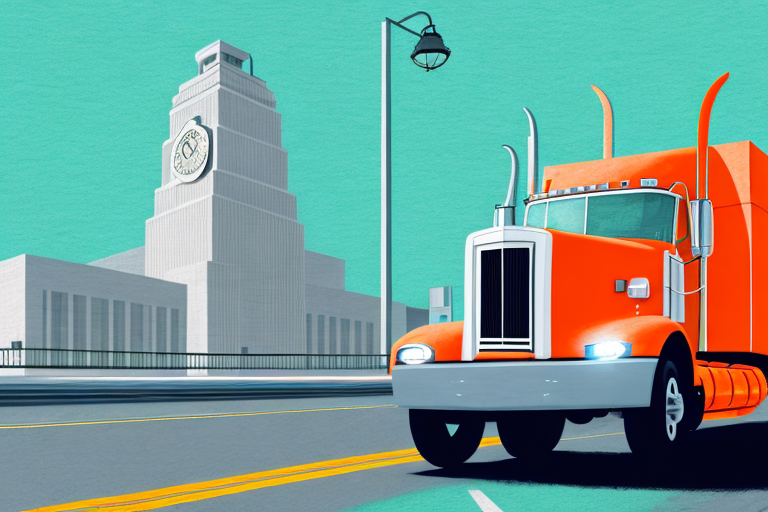 A truck on a orange county highway with scales of justice in the background to symbolize legal advocacy