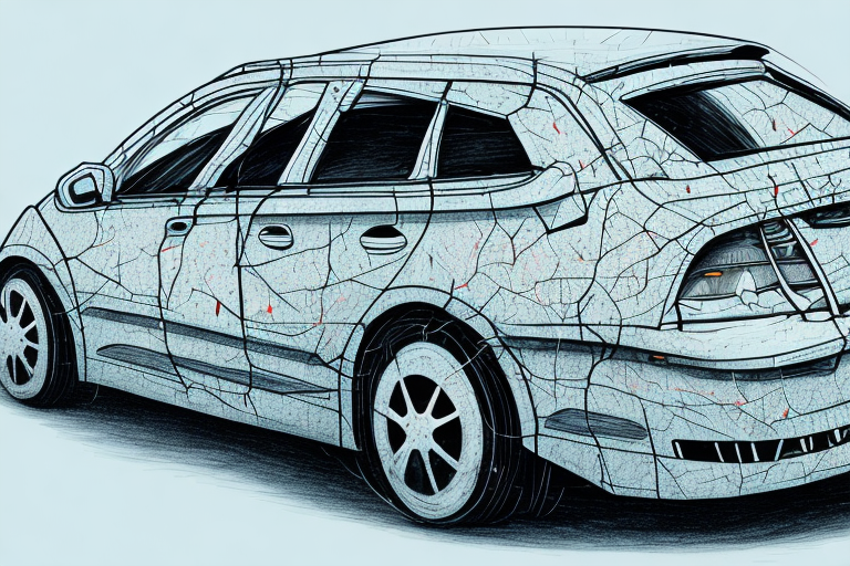 A car with visible damage parked in front of a courthouse