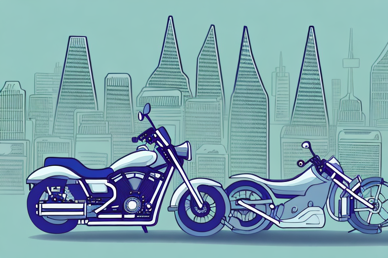 A motorcycle leaning against a san francisco cityscape backdrop