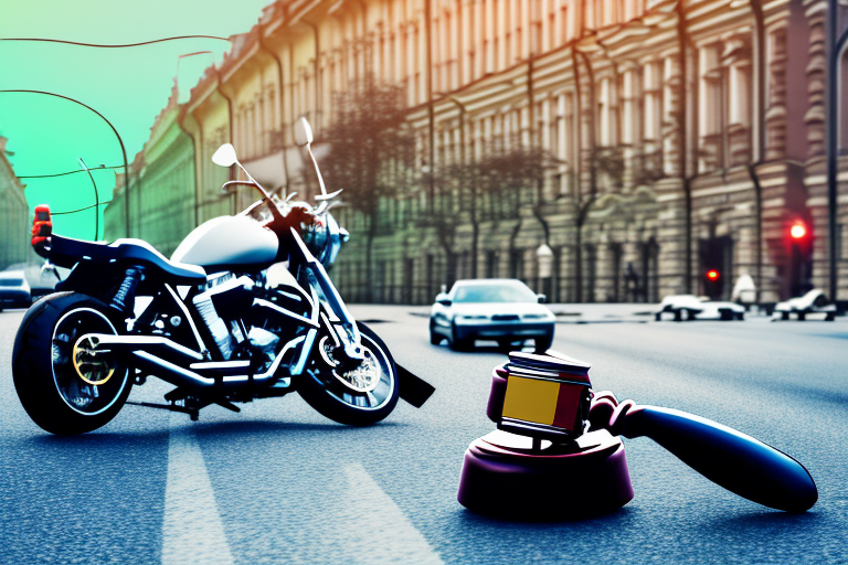 A motorcycle lying on its side near a traffic light in the streets of st. petersburg