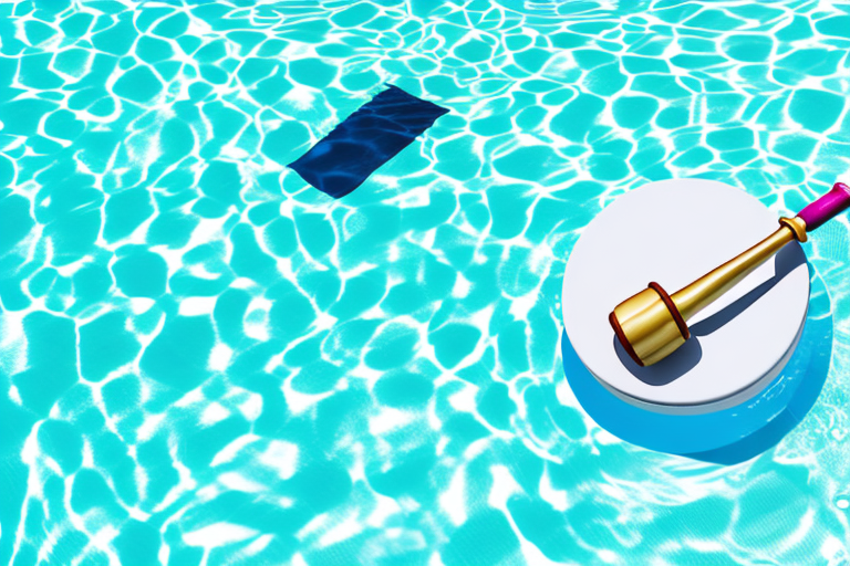 A swimming pool with a gavel and a set of legal scales floating on pool floats