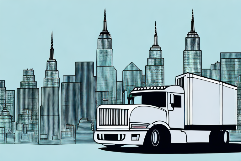 A truck on a new york cityscape background with a balance scale symbolizing law and justice
