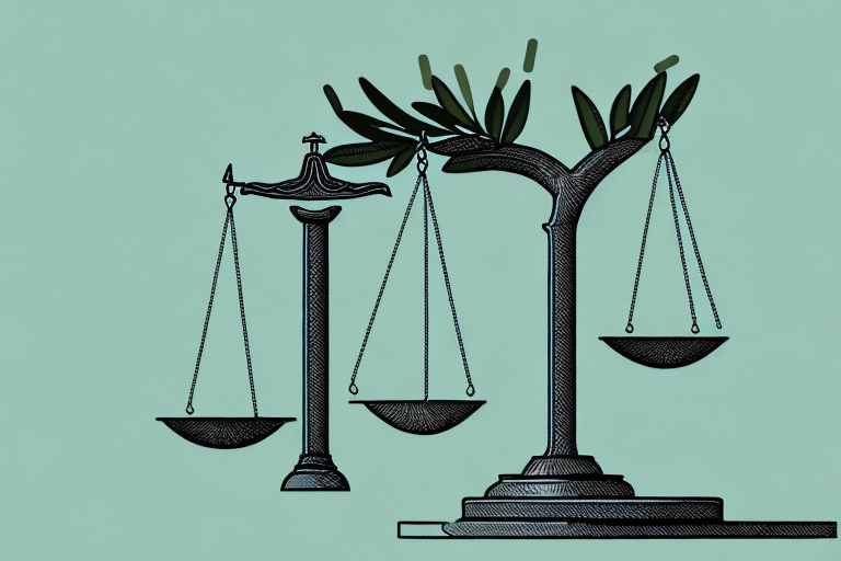 A symbolic olive branch resting on a scale of justice