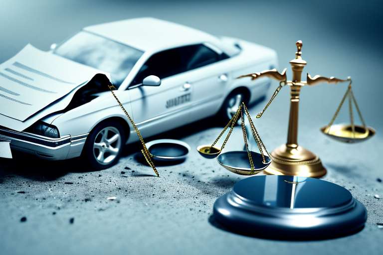 A symbolic scale of justice on the hood of a car with a gavel and legal documents scattered around