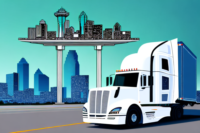 An 18 wheeler truck in a dallas cityscape background
