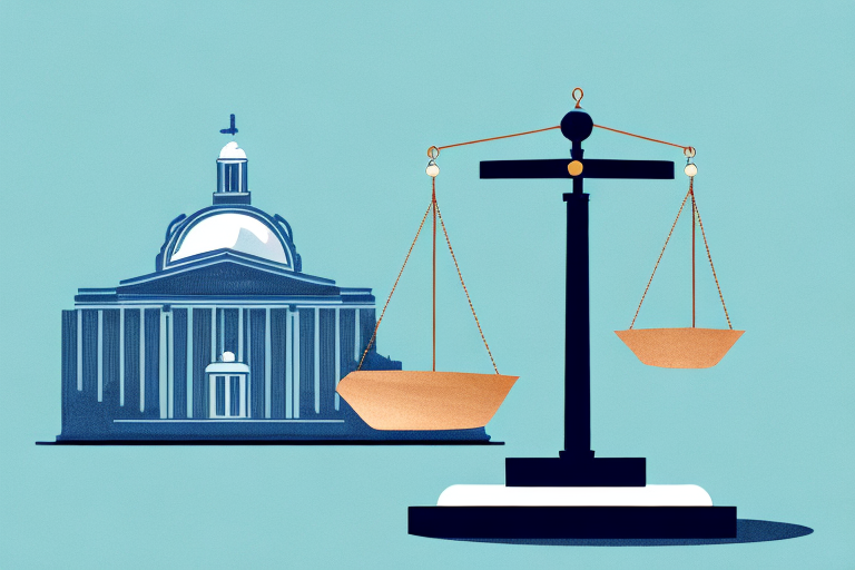 A symbolic balance scale with a car on one side and a courthouse on the other