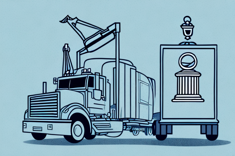 A big rig truck involved in an accident scene with a gavel and scales of justice in the background