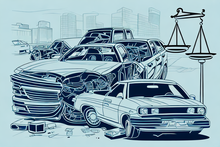 A car accident scene in boise with prominent legal scales symbolically imposed over the scene