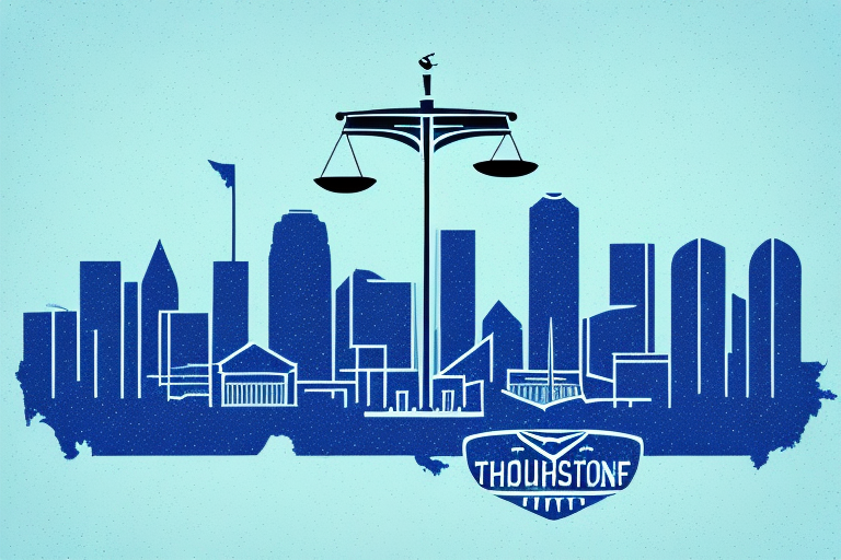 A symbolic scale of justice on the hood of a car with the houston skyline in the background
