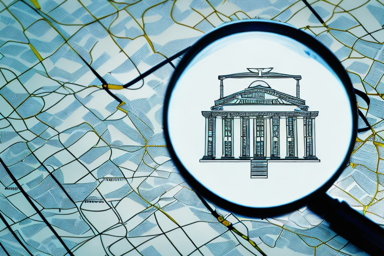 A magnifying glass hovering over a map marked with symbols of scales of justice