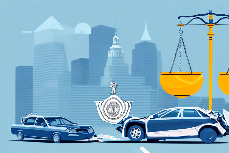 A car accident scene with a gavel and scales of justice nearby