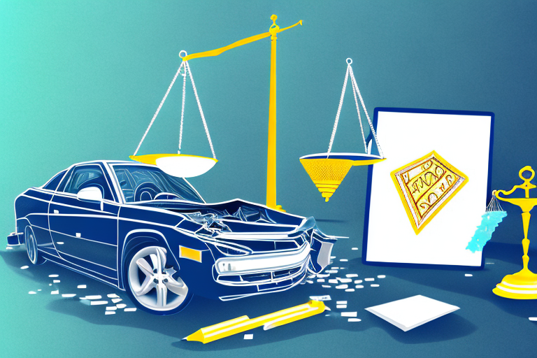 A car accident scene with scattered law books and a justice scale in the foreground