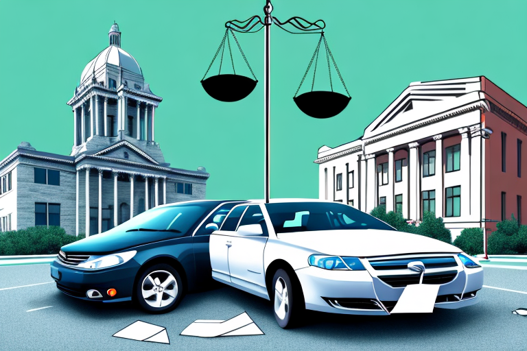 A car accident scene in laredo with a symbolic balance scale implying justice