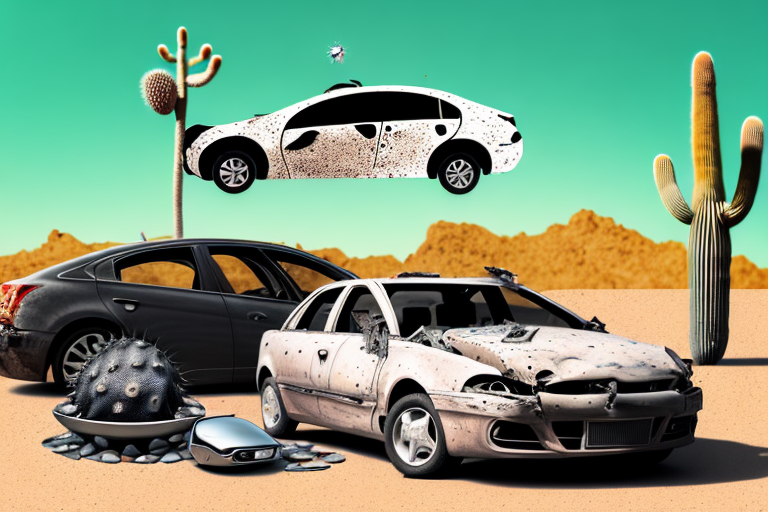 A desert landscape with a symbolic justice scale embedded in a cactus