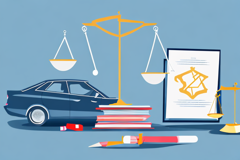 A car accident scene in carmel with scattered law books and a justice scale