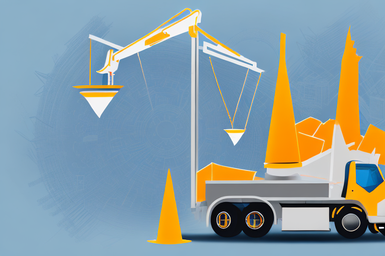 A construction truck accident scene with scattered safety cones and a symbolic balance scale