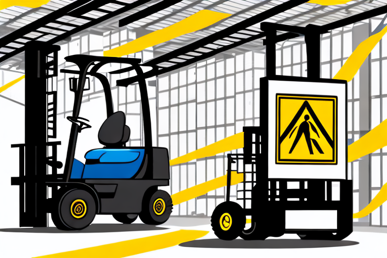A forklift in a warehouse setting with a caution sign nearby