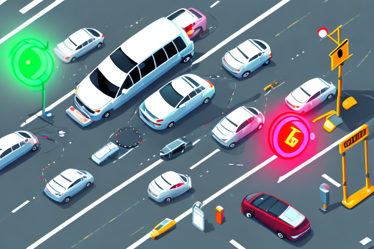A car accident scene with broken traffic lights and a gavel