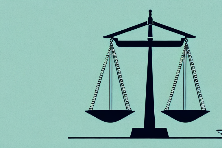 A symbolic scale of justice on a road with a semi-truck on one side and an indianapolis skyline silhouette on the other side